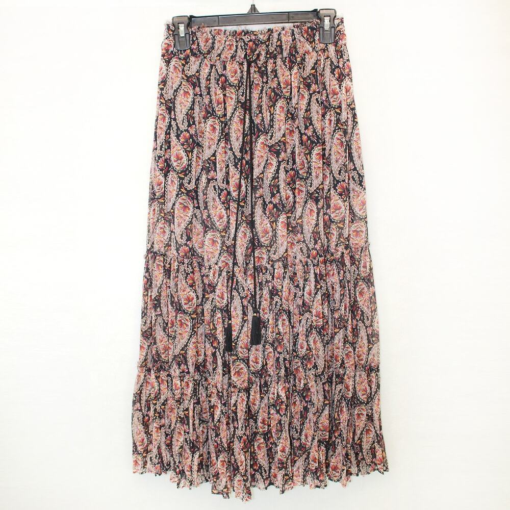 Zara Paisley Boho Y2K Pull-On Midi Skirt Fringe Tie Waist XS NWT